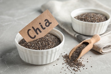 Photo of Composition with chia seeds on grey table