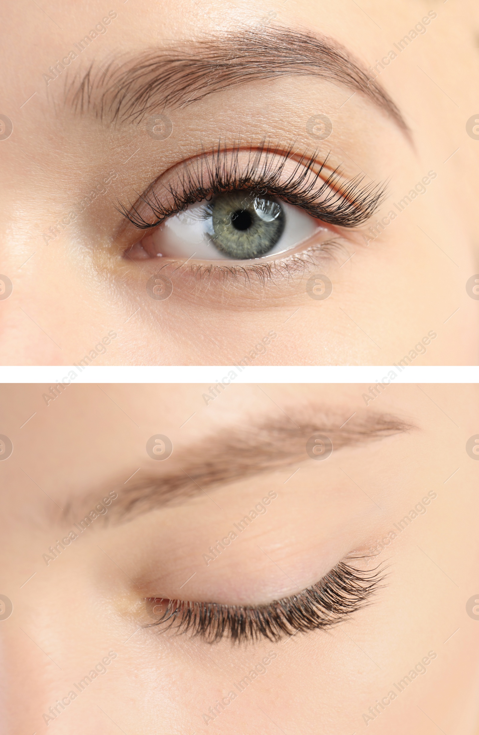 Image of Collage with photos of young woman after eyelash extension procedure, closeup