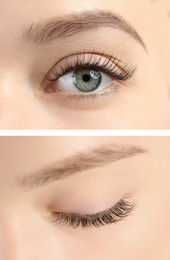 Image of Collage with photos of young woman after eyelash extension procedure, closeup