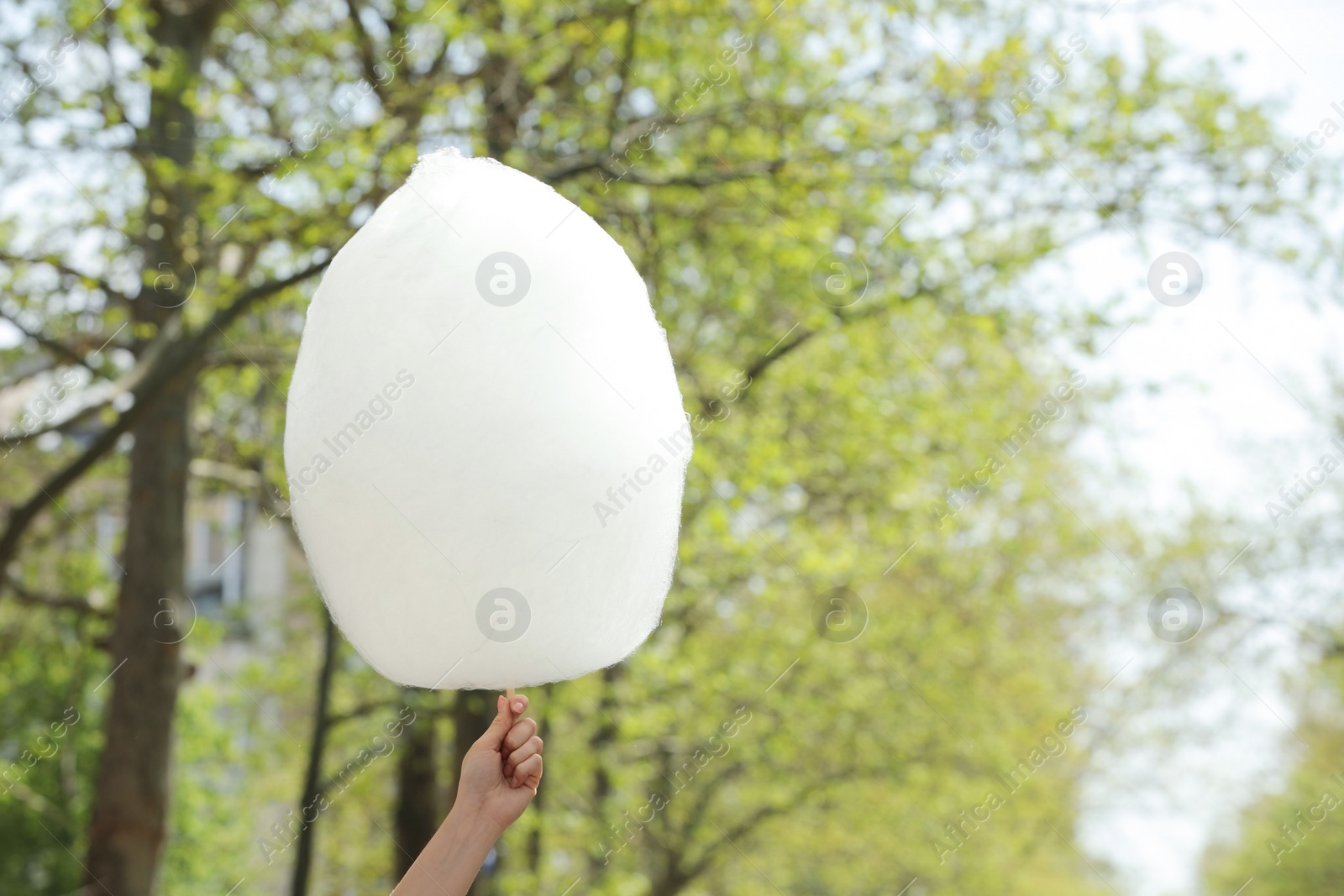 Photo of Woman holding sweet cotton candy outdoors, closeup. Space for text