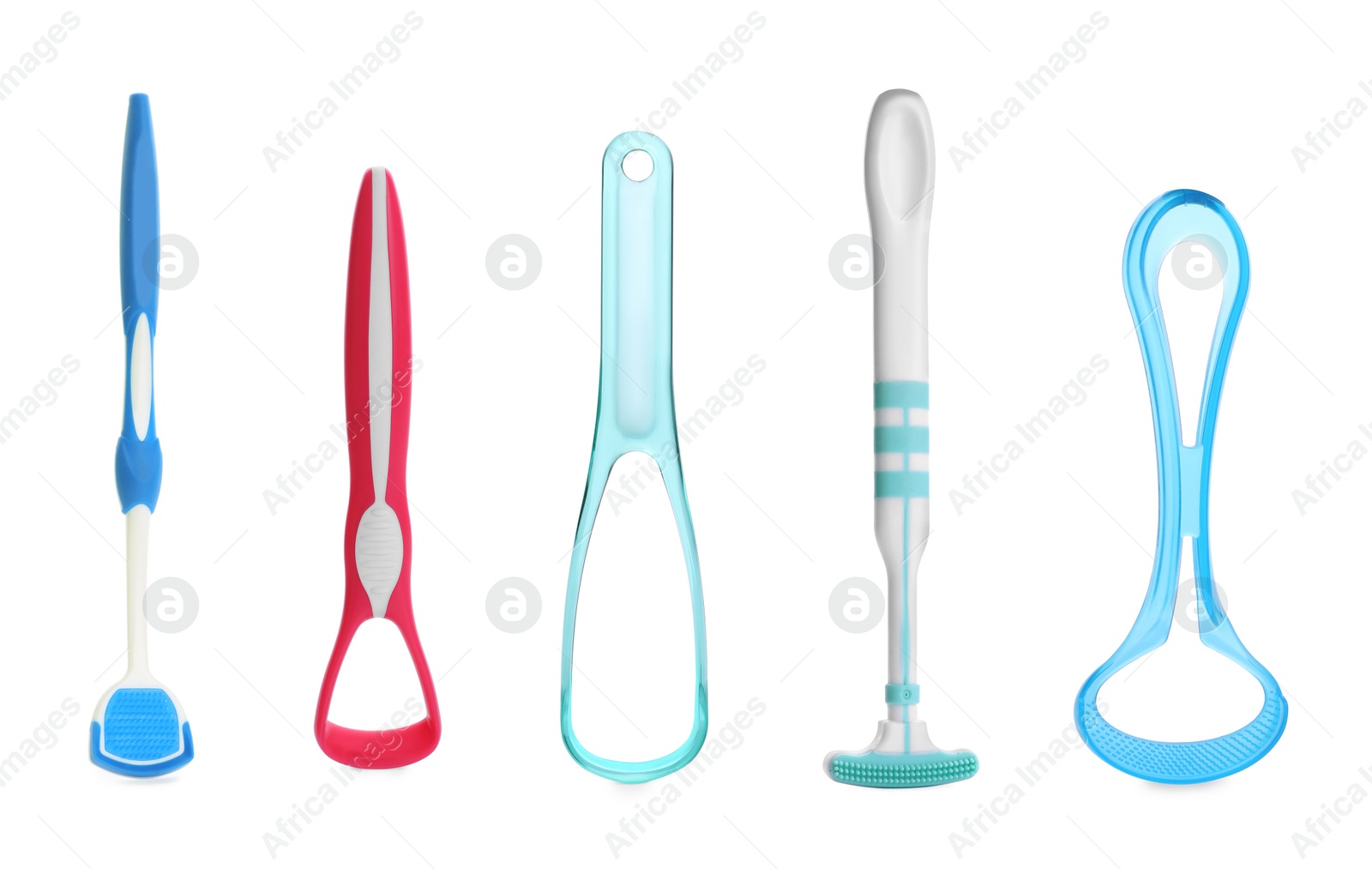 Image of Set with different tongue scrapers on white background. Dental care 