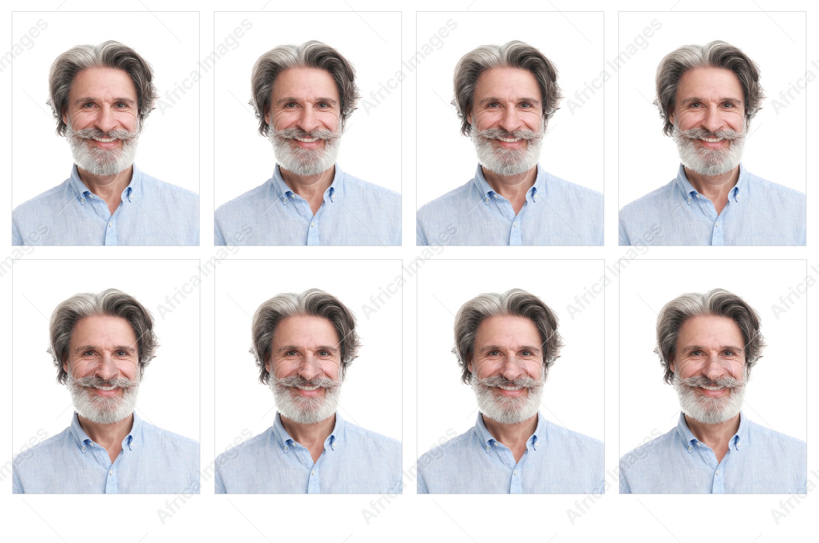 Image of Passport photo, collage. Man on white background, set of photos