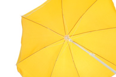 Photo of Open yellow beach umbrella isolated on white. Inner side