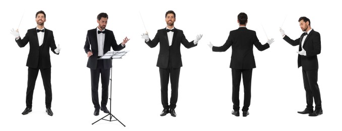 Image of Collage with photos of professional young conductor with baton on white background. Banner design