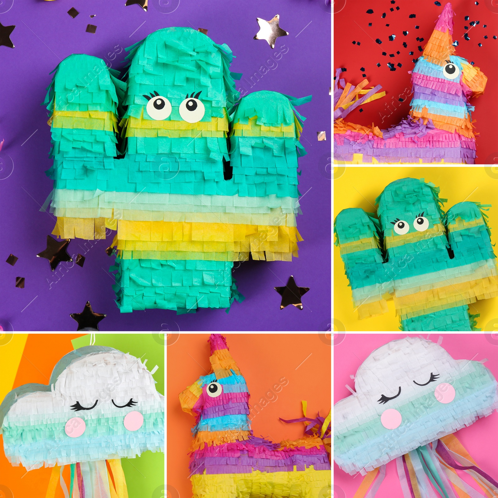 Image of Collage with photos of funny pinatas on different color backgrounds, top view 