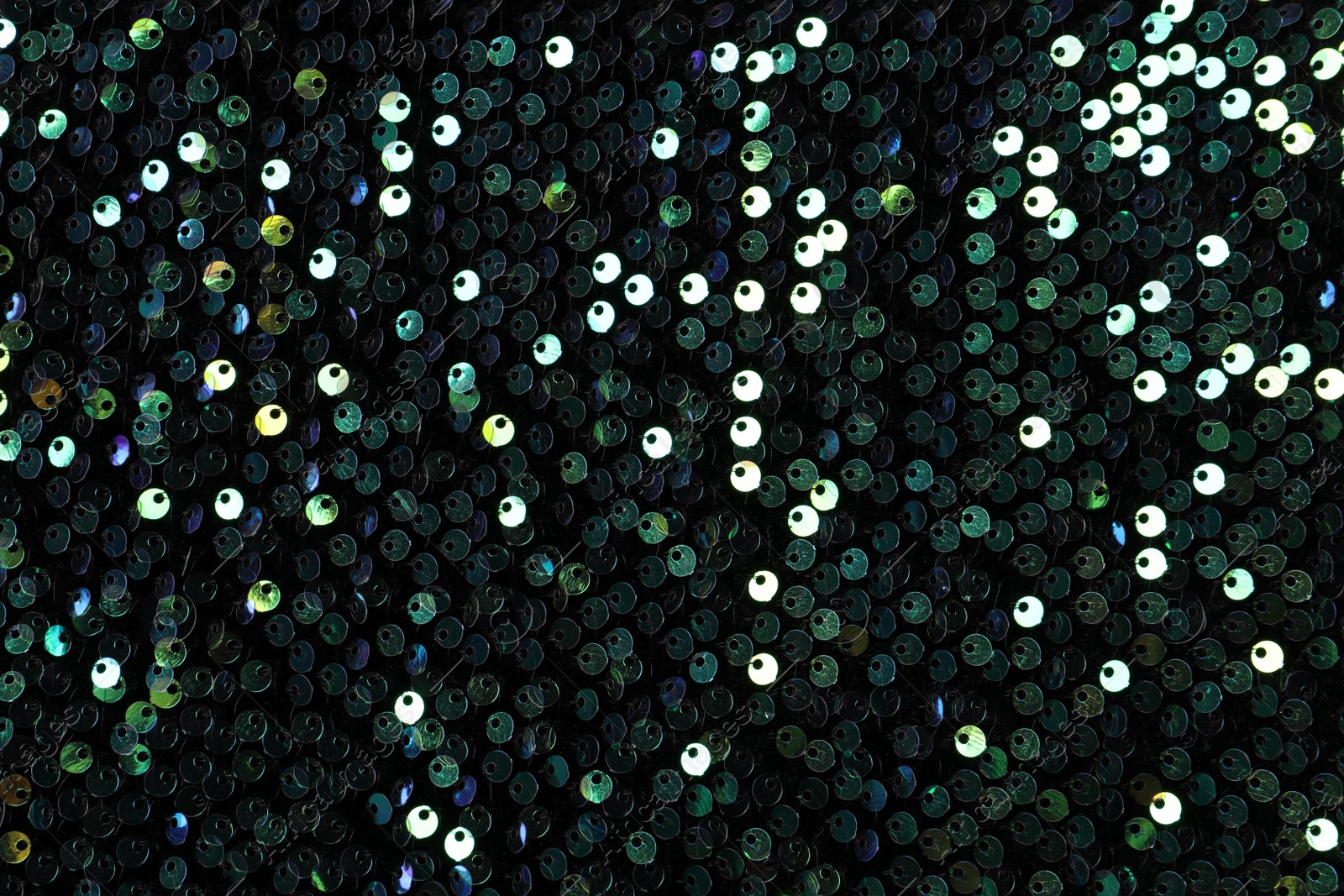 Photo of Beautiful dark sequin fabric as background, top view