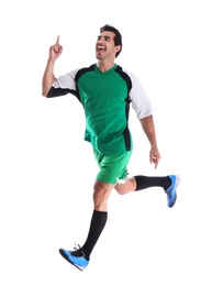 Young football player celebrating scoring of goal on white background