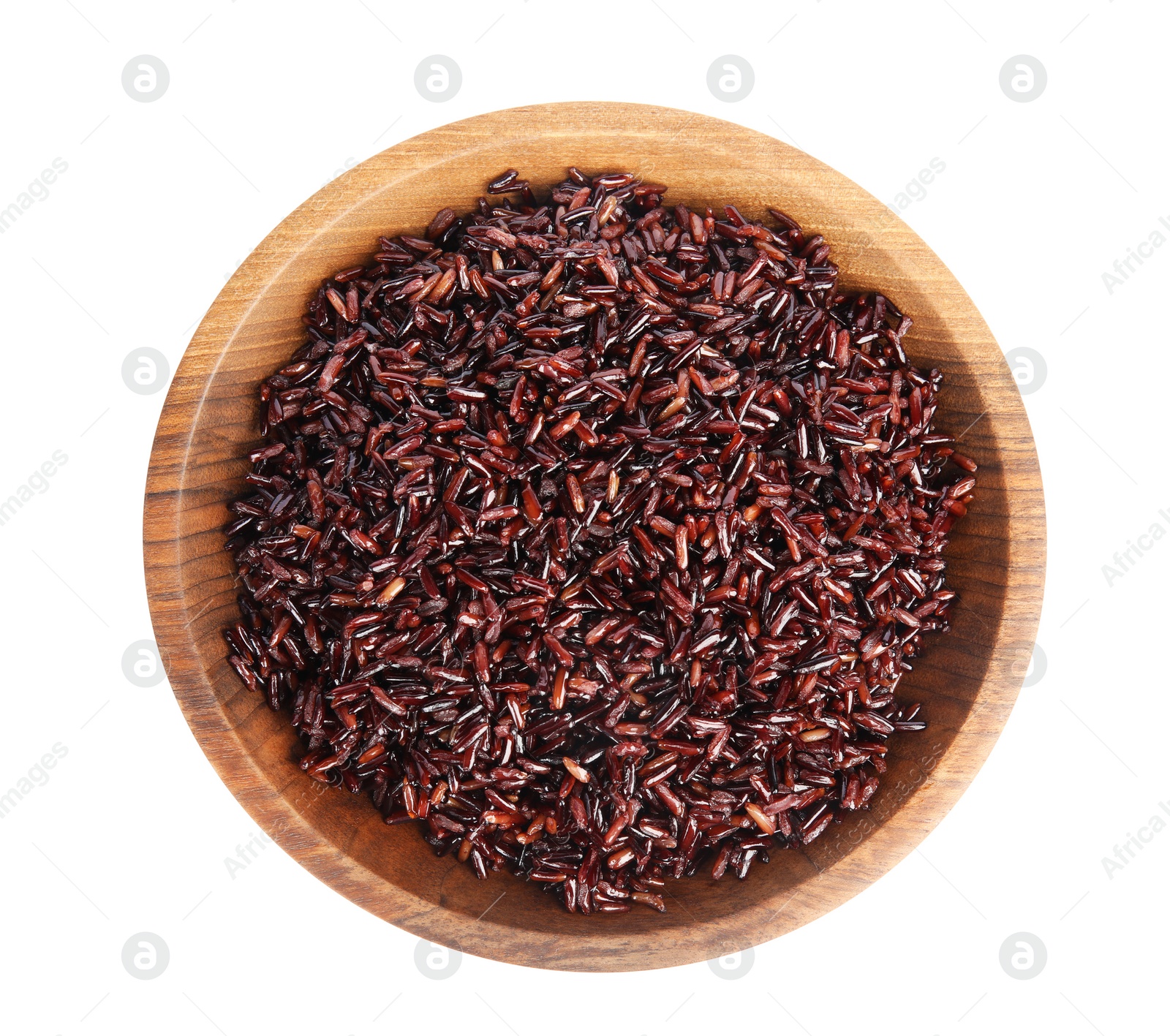 Photo of Bowl with delicious cooked brown rice on white background, top view