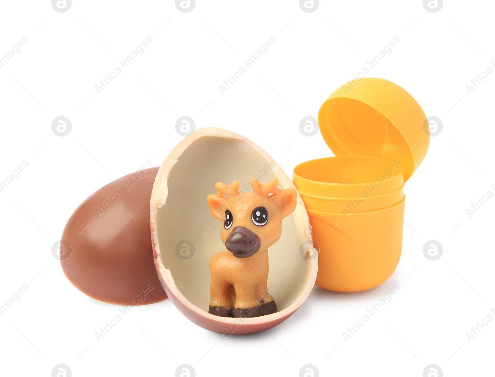 Photo of Slynchev Bryag, Bulgaria - May 24, 2023: Halves of Kinder Surprise Egg, plastic capsule and toy deer isolated on white