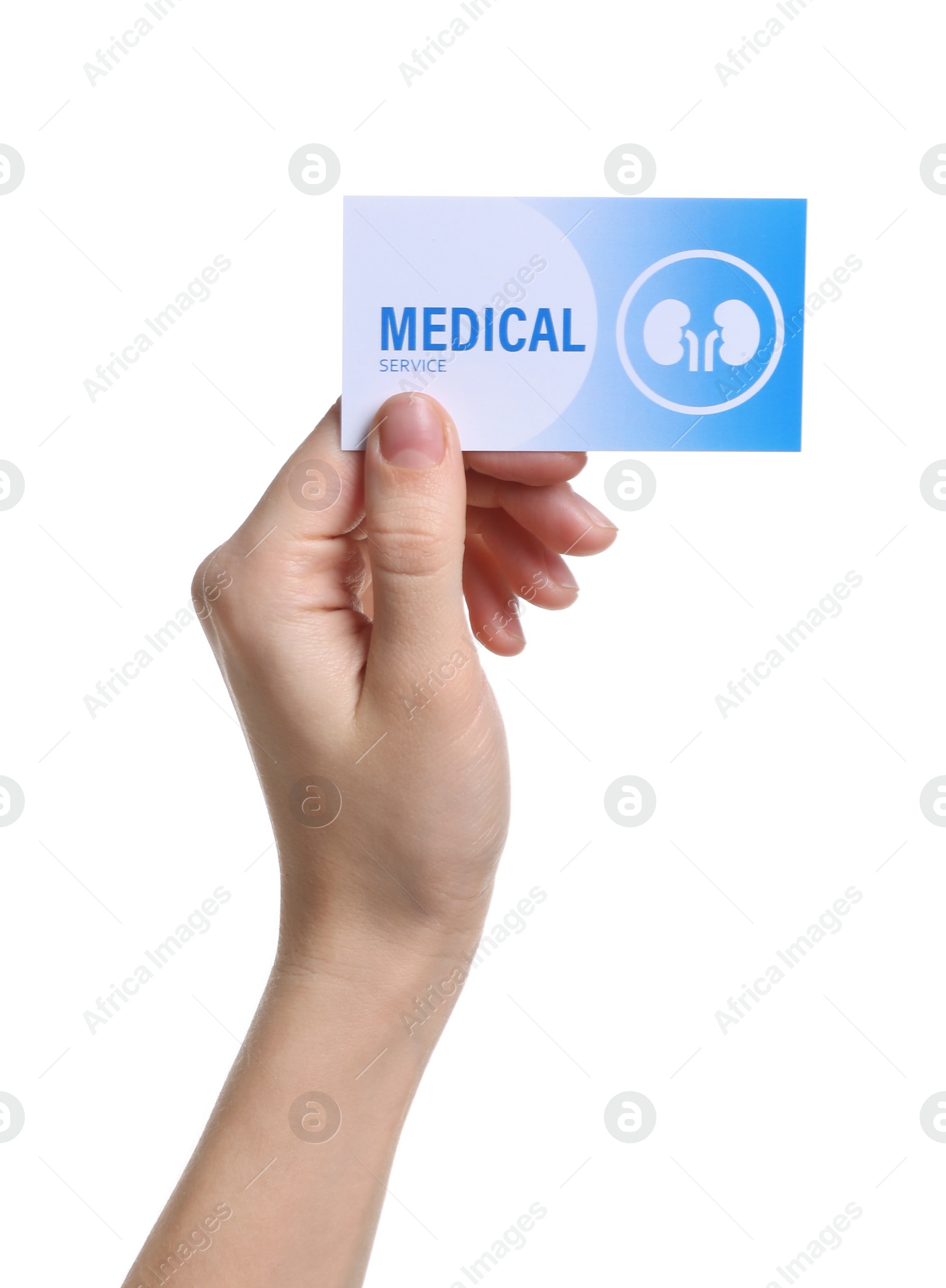 Photo of Woman holding medical business card isolated on white, closeup. Nephrology service