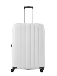 Photo of New suitcase packed for journey on white background