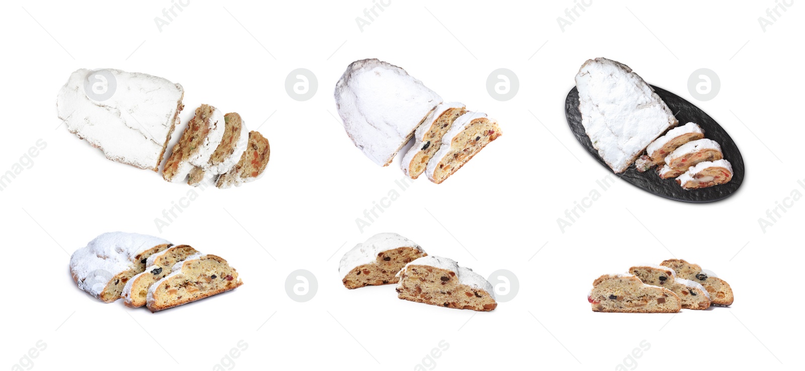 Image of Set with traditional Christmas Stollens on white background. Banner design 