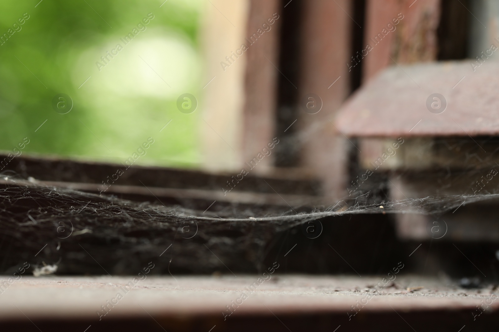 Photo of Cobweb on old wooden window frame indoors, closeup