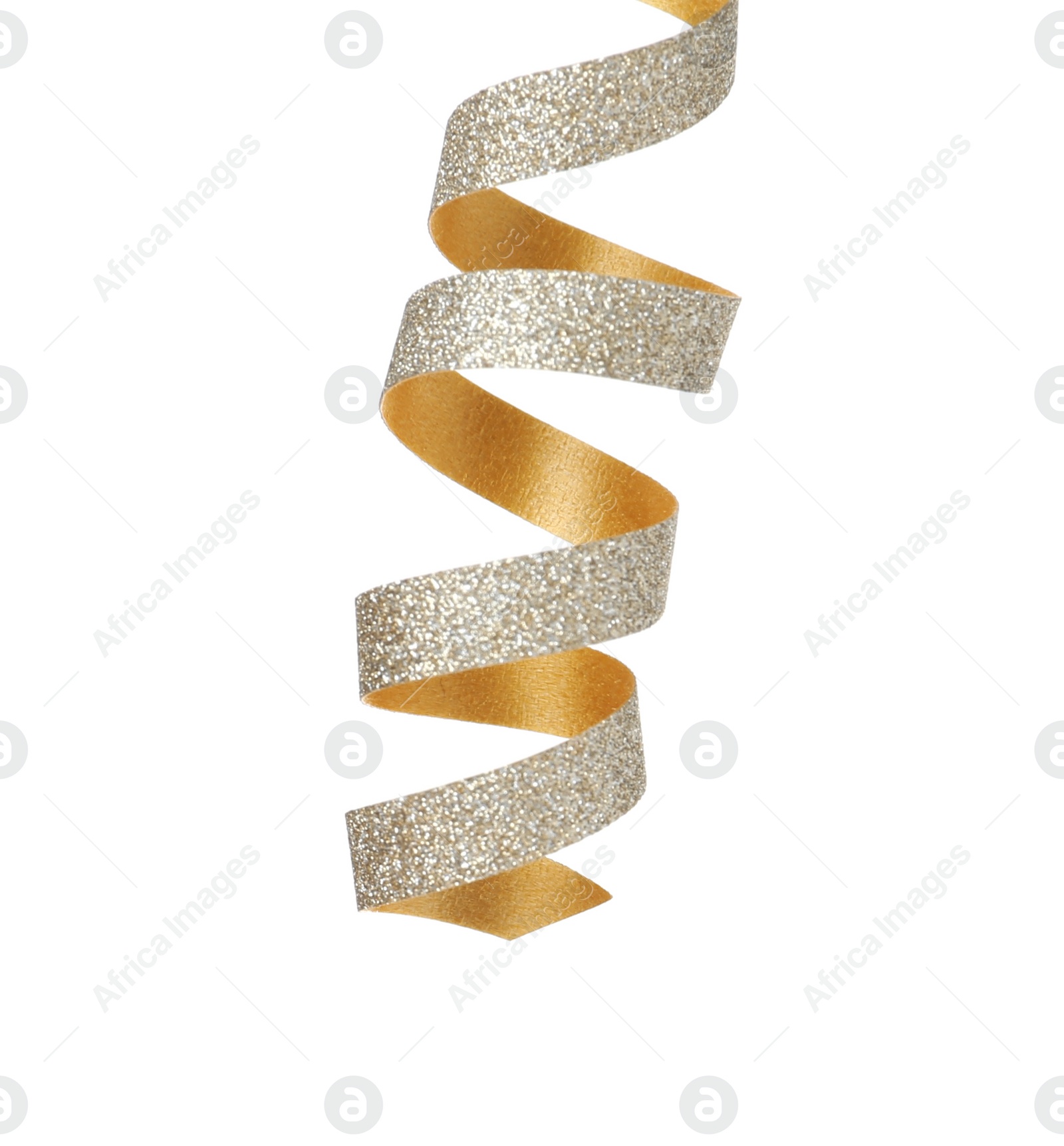 Photo of Beautiful shiny serpentine streamer on white background