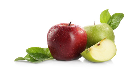 Photo of Fresh juicy red and green apples isolated on white