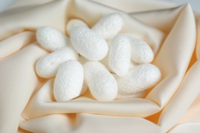 Photo of Heap of white cocoons on silk fabric, closeup