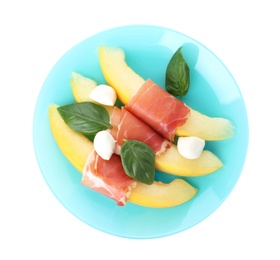 Photo of Plate with melon, mozzarella and prosciutto on white background, top view