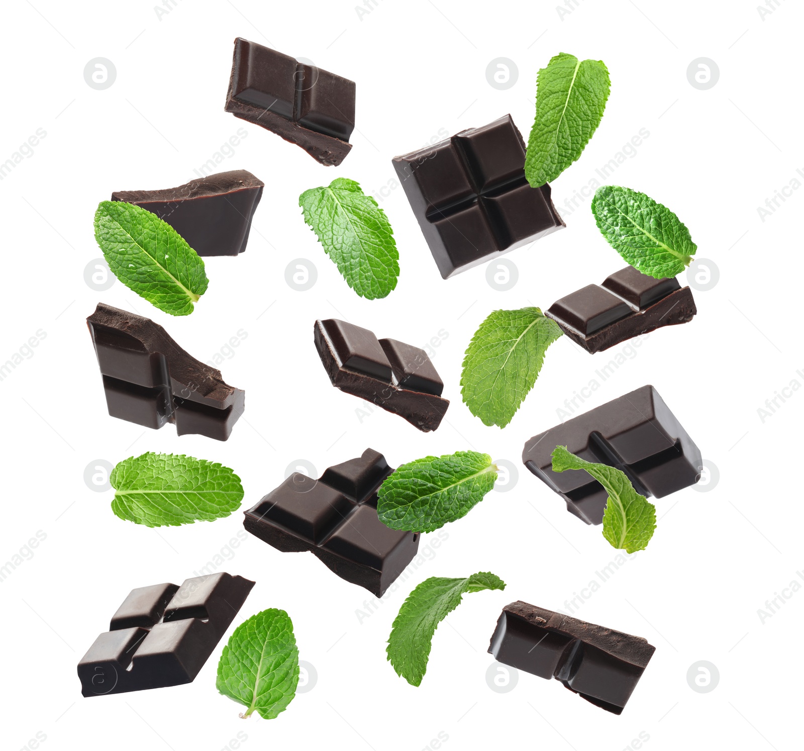 Image of Black chocolate pieces and mint falling on white background