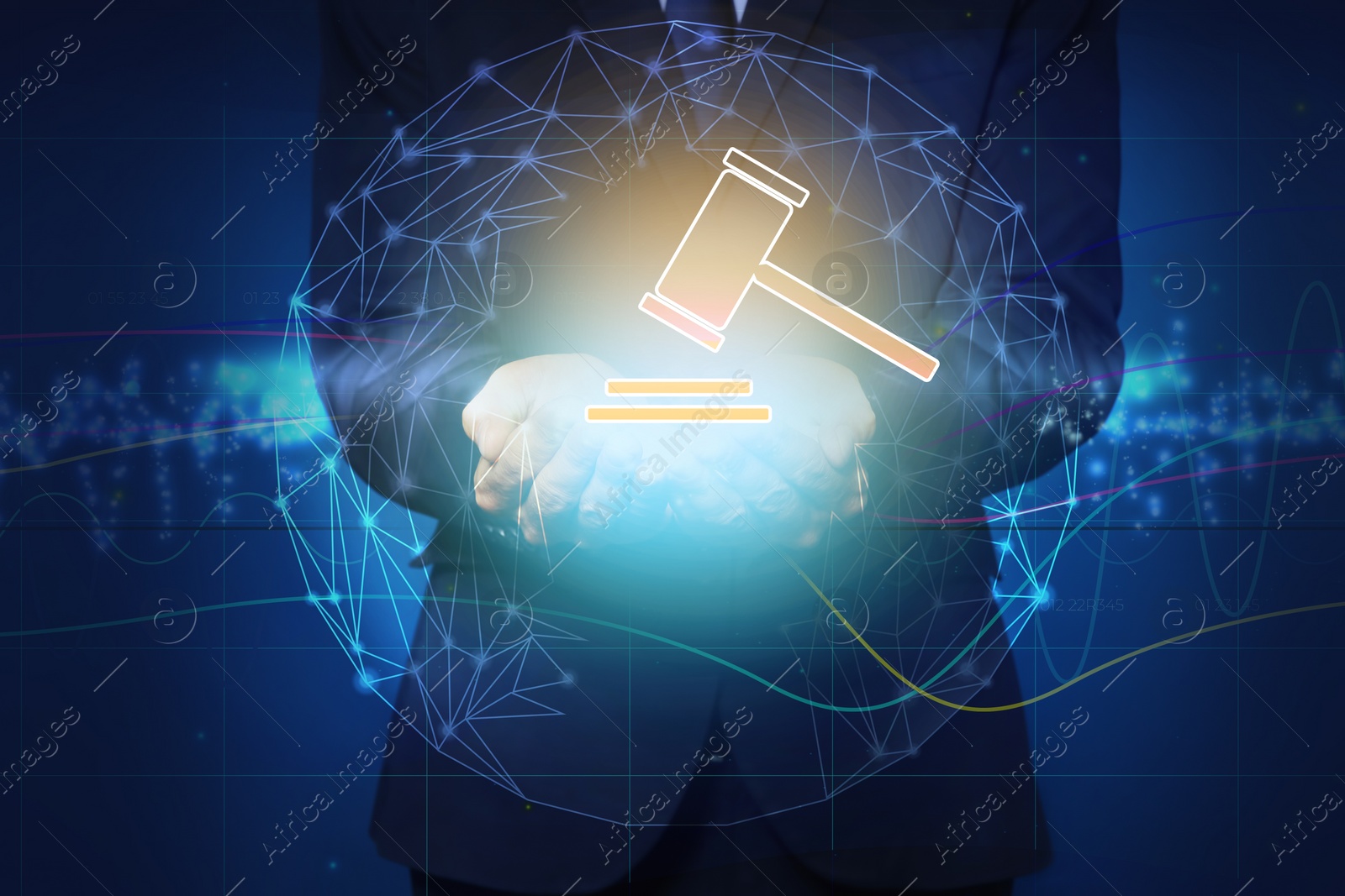 Image of Auction. Man holding glowing illustration of sound block and gavel against blue background with lights, closeup