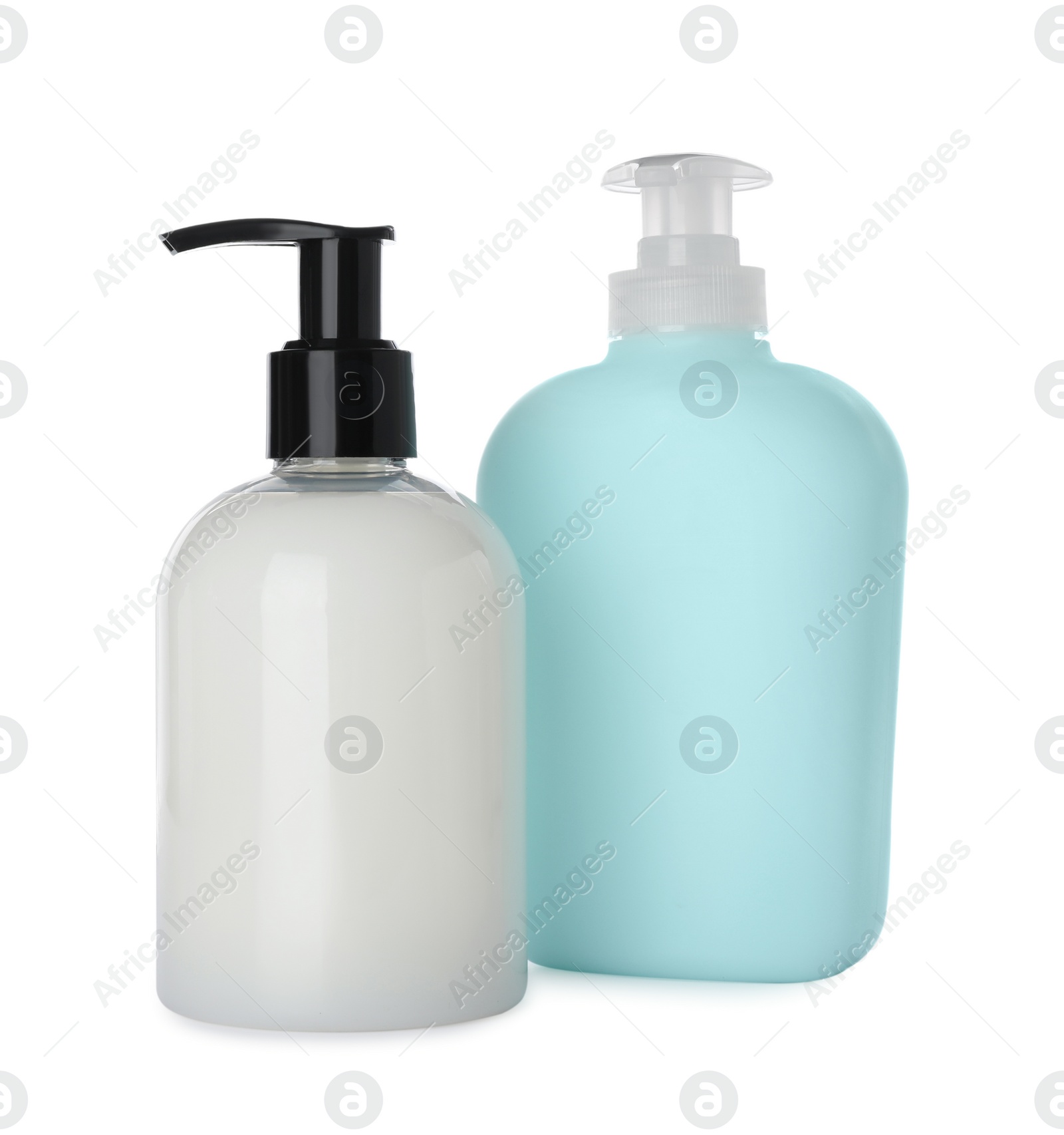 Photo of Dispensers of liquid soap on white background