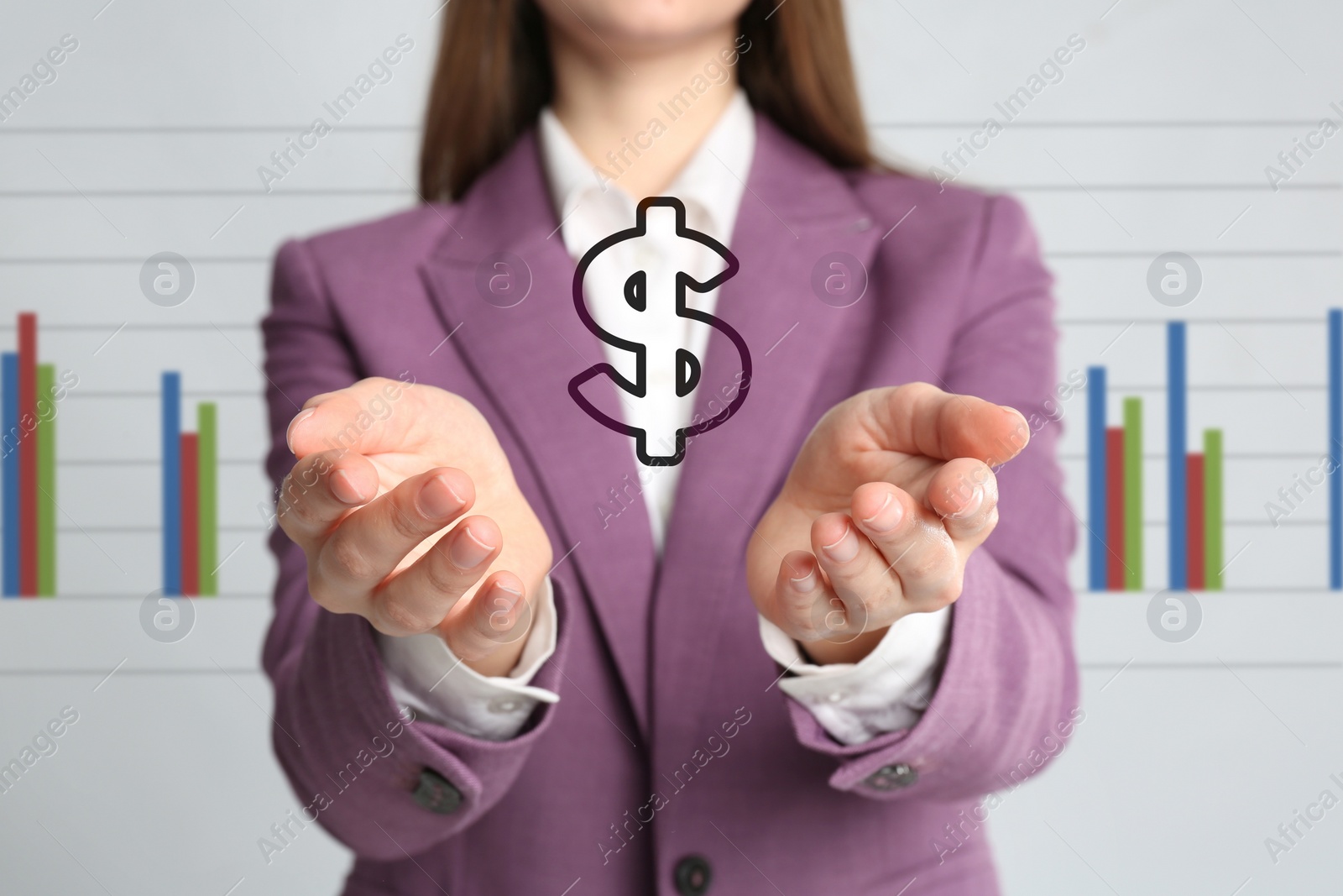 Image of Woman demonstrating virtual dollar sign on light background, closeup