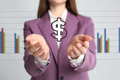 Image of Woman demonstrating virtual dollar sign on light background, closeup