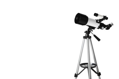 Photo of Tripod with modern telescope on white background