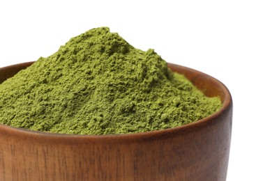 Photo of Green matcha powder in bowl isolated on white