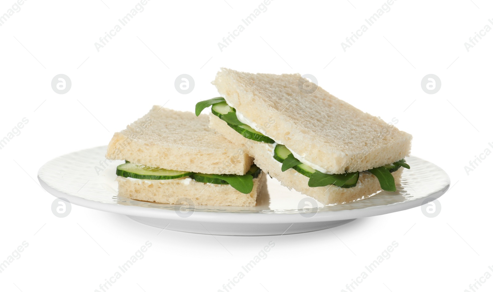 Photo of Plate with cucumber sandwiches isolated on white