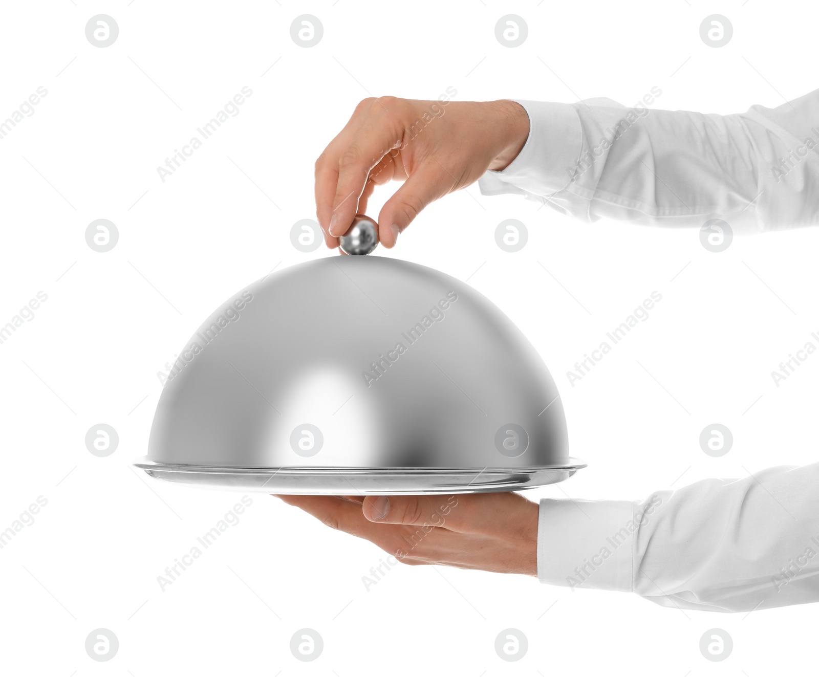 Photo of Waiter holding metal tray with lid on white background, closeup