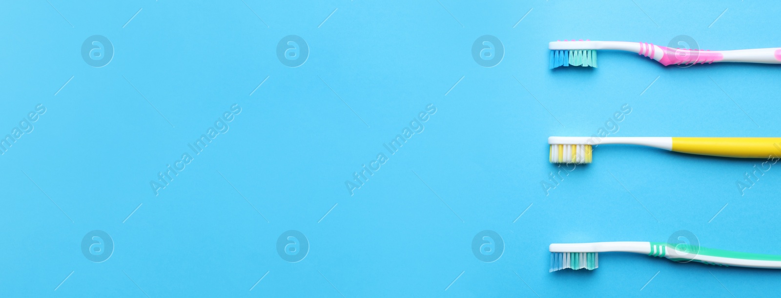 Photo of Toothbrushes on light blue background, flat lay. Space for text