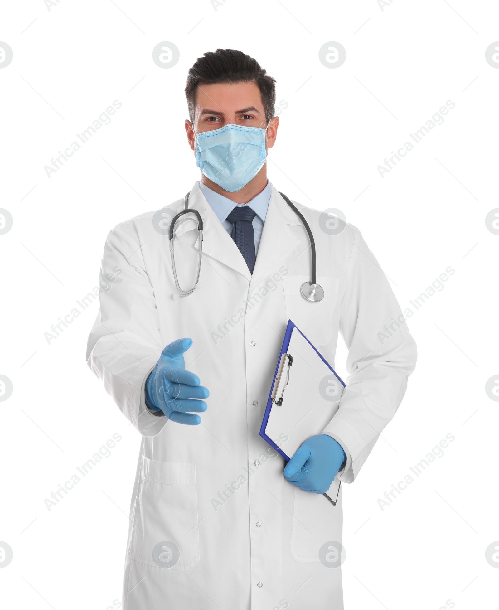 Photo of Doctor in protective mask and gloves offering handshake on white background