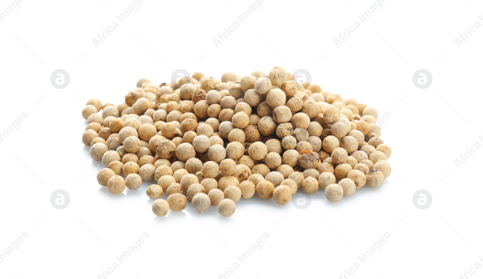 Photo of Pepper grains on white background. Natural spice