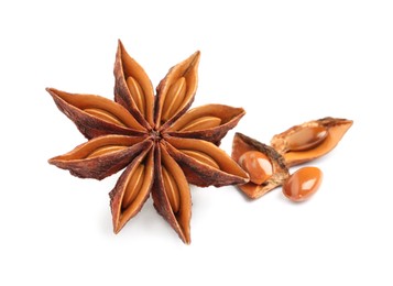 Dry anise star with seeds on white background