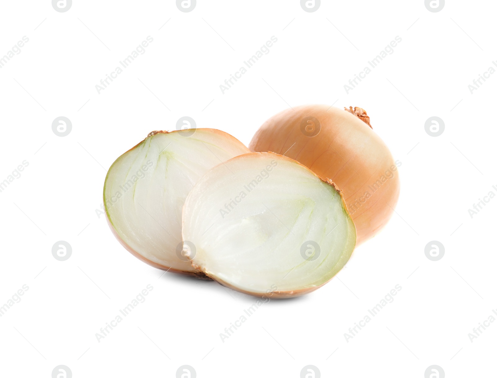 Photo of Fresh onions on white background. Ripe vegetable