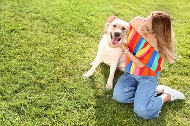 Photo of Cute yellow labrador retriever with owner outdoors