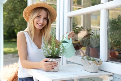 Young woman watering home plant at white wooden table outdoors