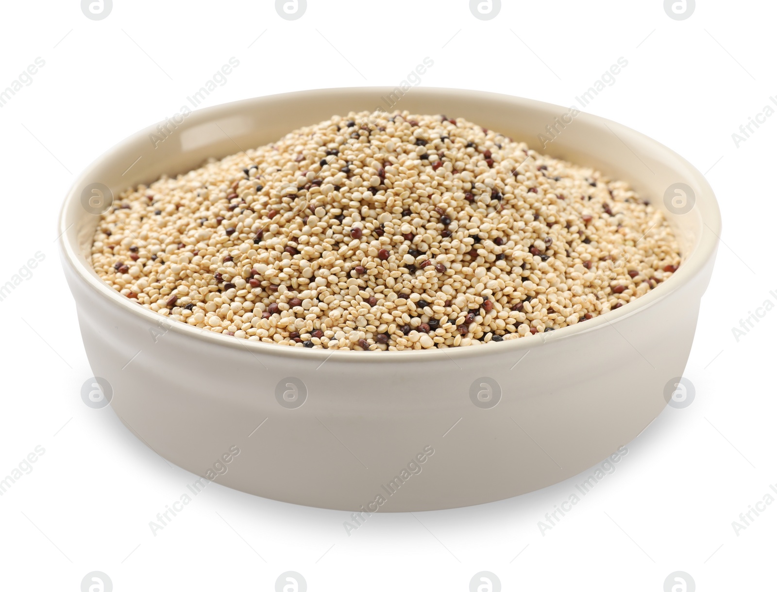 Photo of Raw quinoa seeds in bowl isolated on white