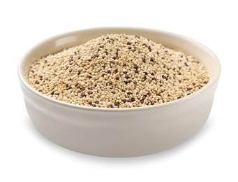 Raw quinoa seeds in bowl isolated on white
