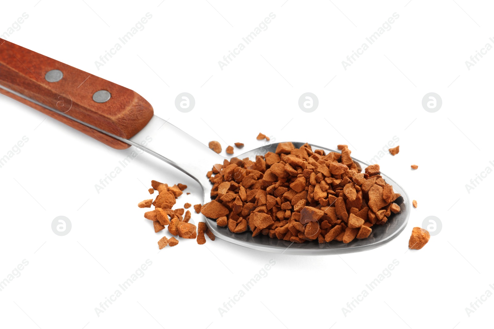 Photo of Spoon with aromatic instant coffee isolated on white