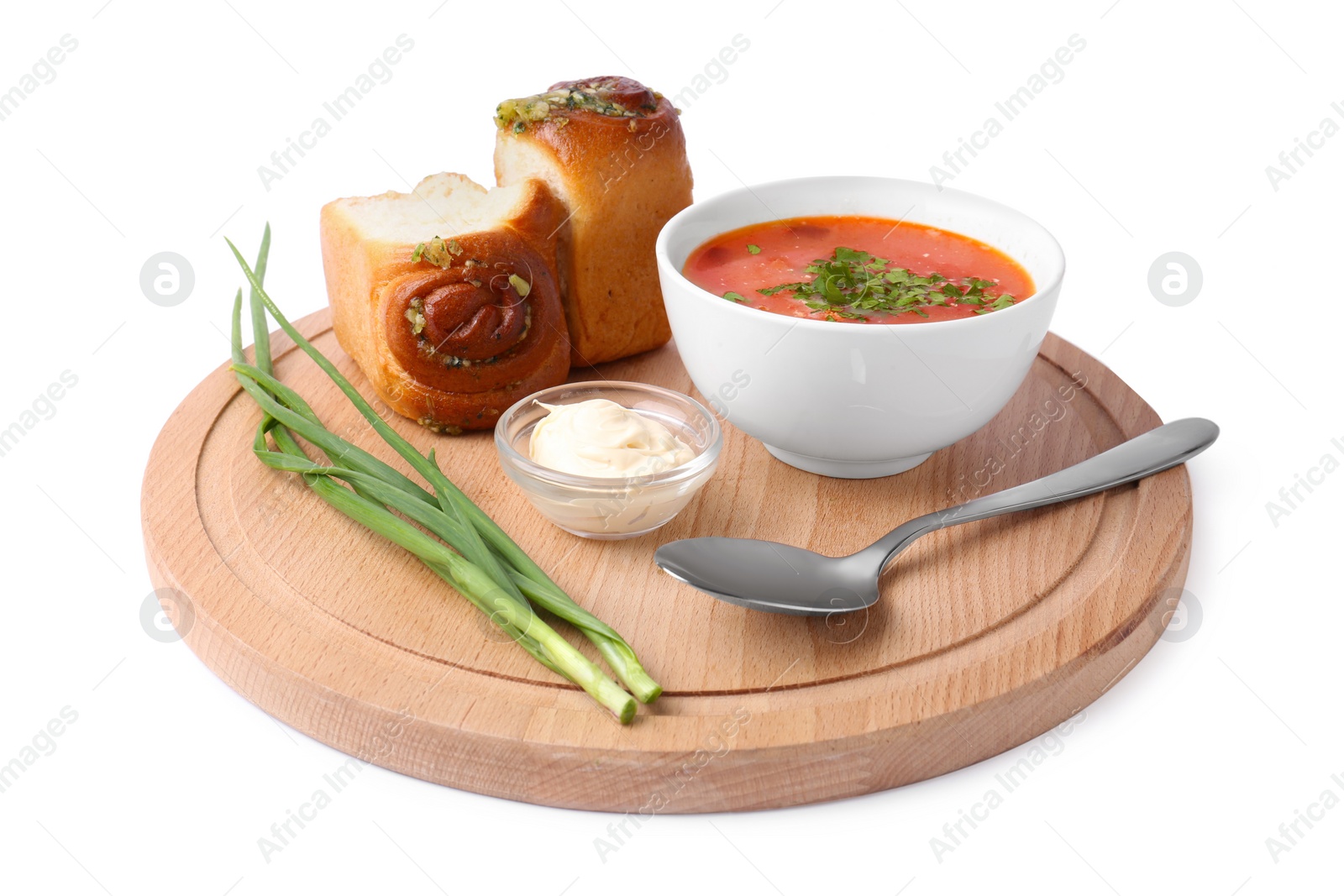 Photo of Delicious borsch served with pampushky isolated on white. Traditional Ukrainian cuisine