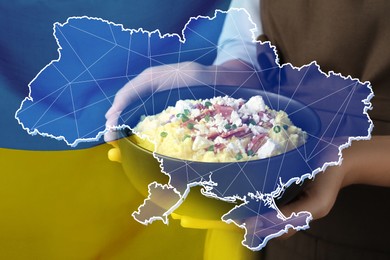 Multiple exposure of woman holding bowl of banosh, map and national flag. Traditional Ukrainian dish