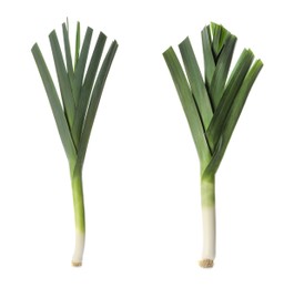 Image of Fresh raw leeks on white background, collage