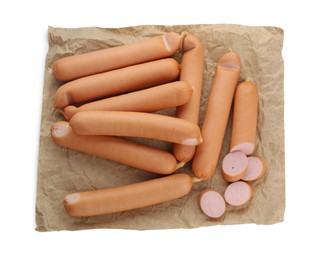 Photo of Tasty sausages on white background, top view. Meat product
