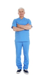 Full length portrait of male doctor in scrubs isolated on white. Medical staff