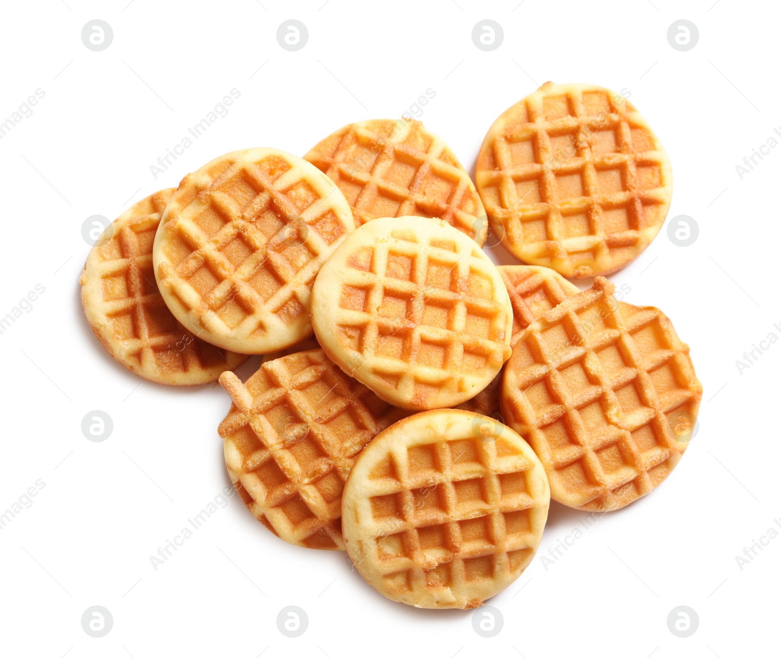 Photo of Delicious waffles for breakfast on white background, top view