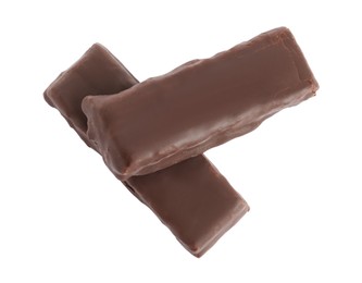 Photo of Tasty chocolate glazed protein bars on white background, top view. Healthy snack