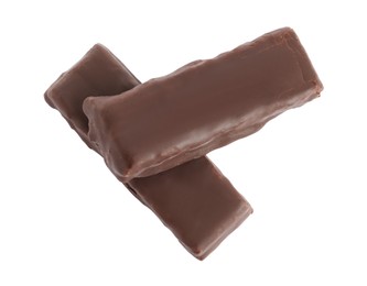 Tasty chocolate glazed protein bars on white background, top view. Healthy snack