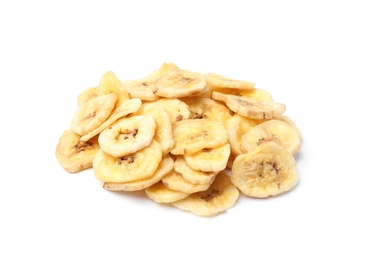 Photo of Heap of sweet banana slices on white background. Dried fruit as healthy snack