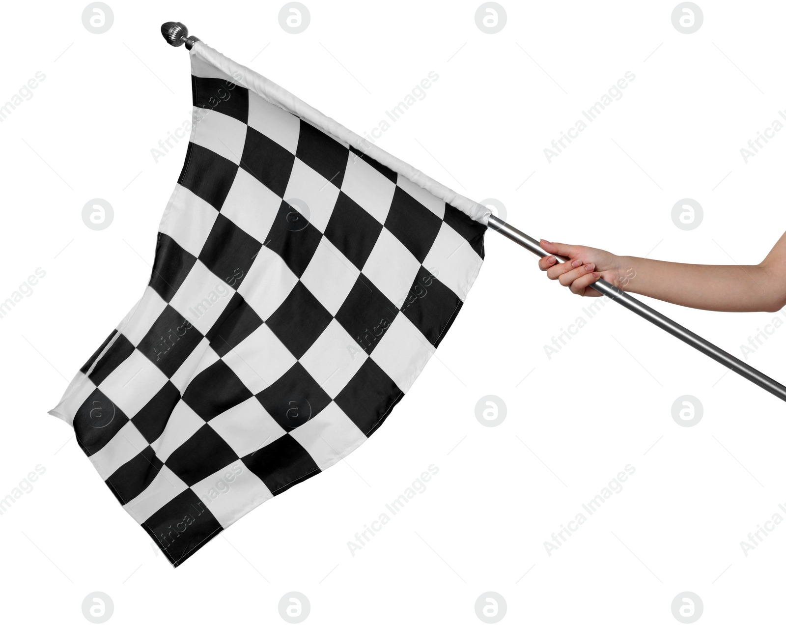 Photo of Woman holding checkered finish flag on white background, closeup